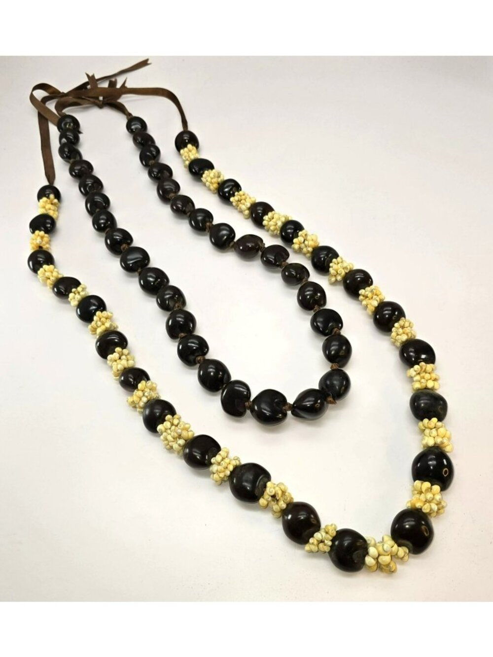 Handcrafted Vintage Kukui Nut & Shell Necklaces Hawaiian Set of 2 BA208